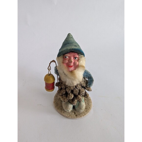 Vintage Pinecone Elf Spun Cotton Chenille Lantern Figurine Putz German - Picture 1 of 3